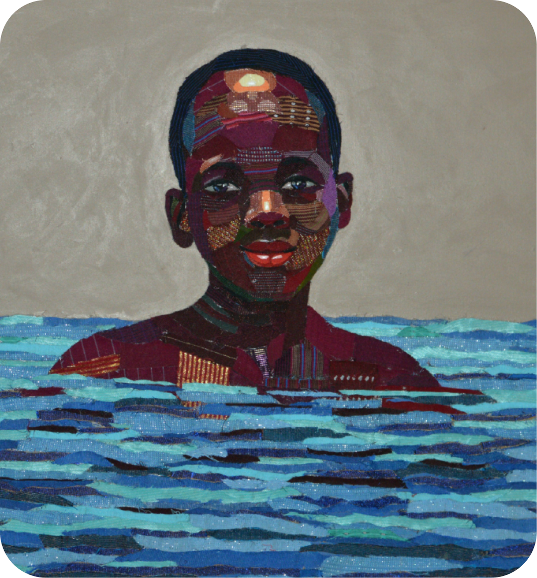 Textile portrait of a boy emerging from water